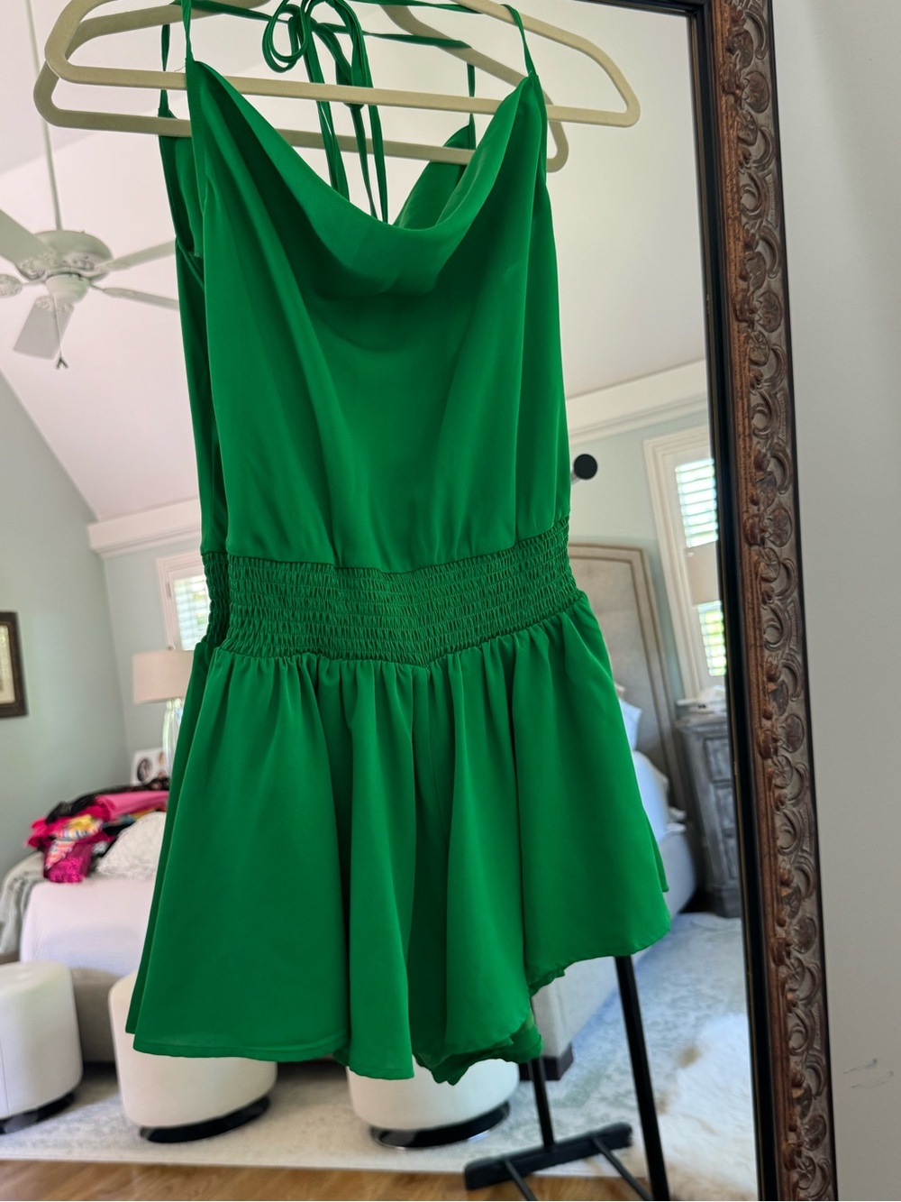 Green Cowl Neck Romper with Smocked Waist